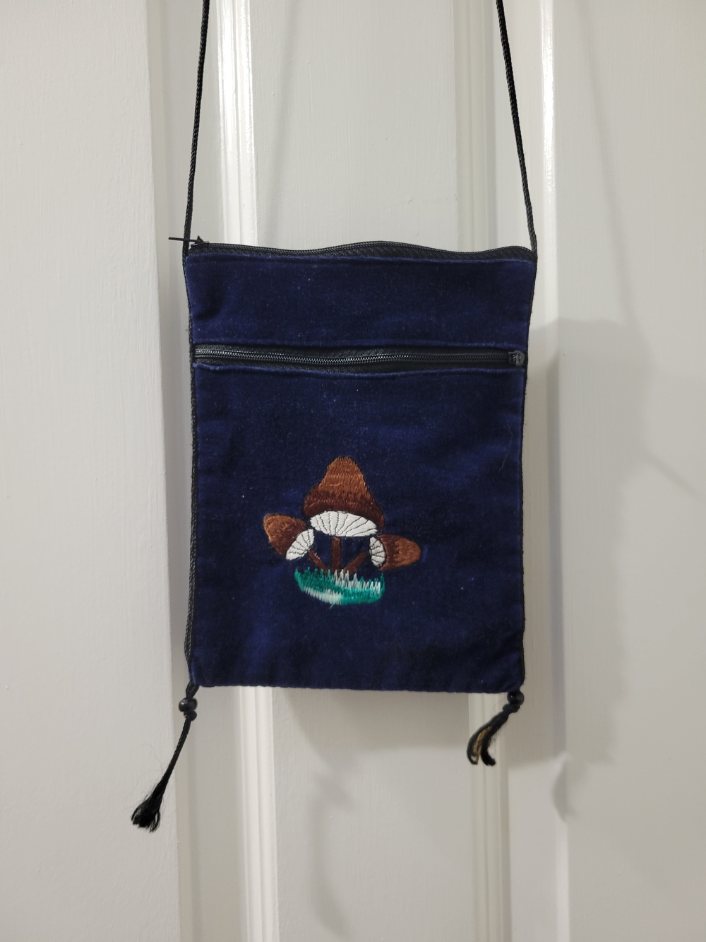 Vintage Velvet Cross-Body Purse With Embroidered Mushrooms